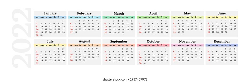 Cu Calendar 2022 Horizontal Calendar 2022 Isolated On White Stock Vector (Royalty Free)  1937407972