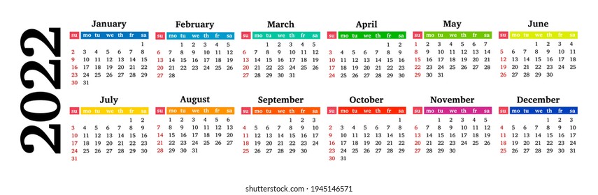 Horizontal calendar for 2022 isolated on a white background. Sunday to Monday, business template. Vector illustration