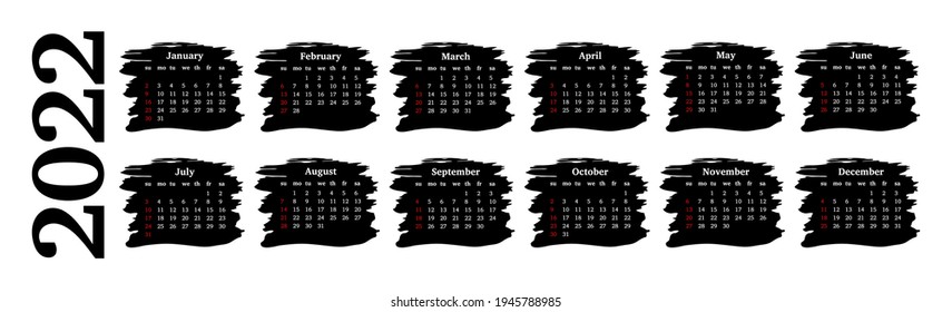 Horizontal calendar for 2022 isolated on a white background. Sunday to Monday, business template. Vector illustration