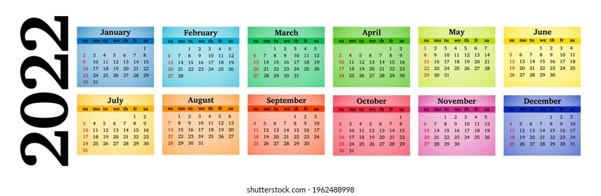 Horizontal calendar for 2022 isolated on a white background. Sunday to Monday, business template. Vector illustration