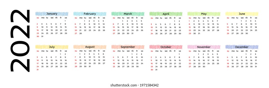 Horizontal calendar for 2022 isolated on a white background. Sunday to Monday, business template. Vector illustration