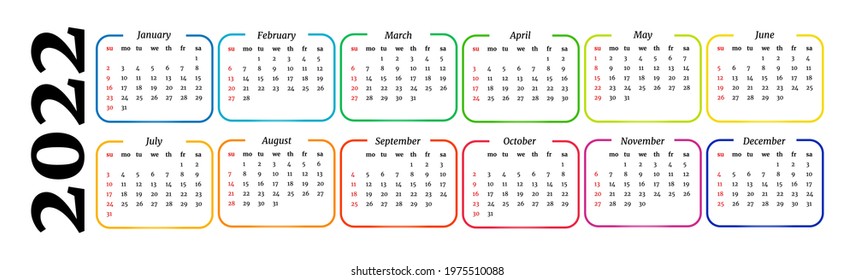 Horizontal calendar for 2022 isolated on a white background. Sunday to Monday, business template. Vector illustration