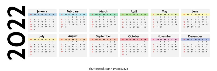 Horizontal calendar for 2022 isolated on a white background. Sunday to Monday, business template. Vector illustration