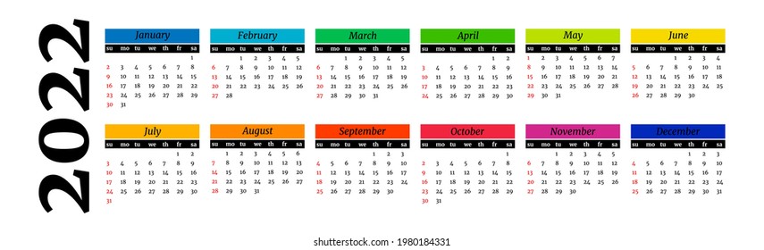 Horizontal calendar for 2022 isolated on a white background. Sunday to Monday, business template. Vector illustration