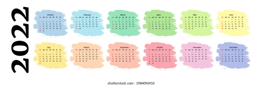 Horizontal calendar for 2022 isolated on a white background. Sunday to Monday, business template. Vector illustration