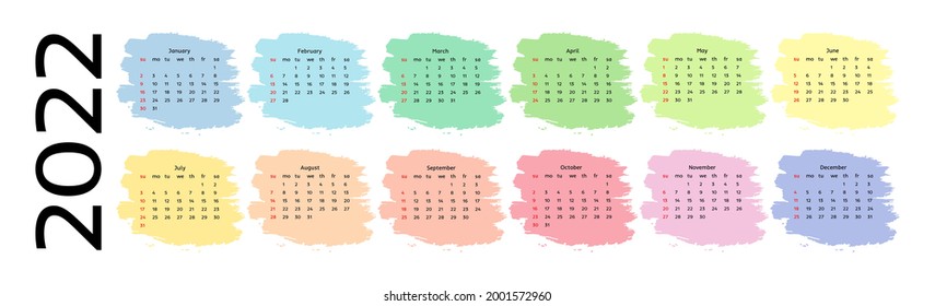 Horizontal calendar for 2022 isolated on a white background. Sunday to Monday, business template. Vector illustration