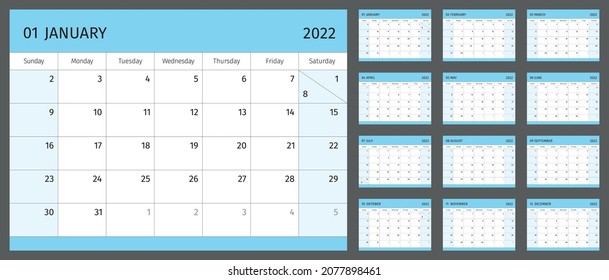 Horizontal calendar for 2022 year, 1 month on each page. Simple calendar grid isolated on a white background, Sunday to Monday, business template. Monthly calendar ready for print. Vector illustration