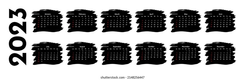 Horizontal calendar for 2023 isolated on a white background. Sunday to Monday, business template. Vector illustration