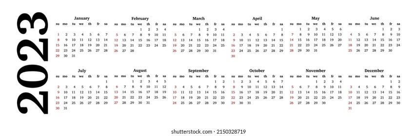 Horizontal calendar for 2023 isolated on a white background. Sunday to Monday, business template. Vector illustration