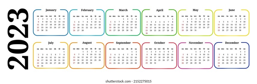 Horizontal calendar for 2023 isolated on a white background. Sunday to Monday, business template. Vector illustration