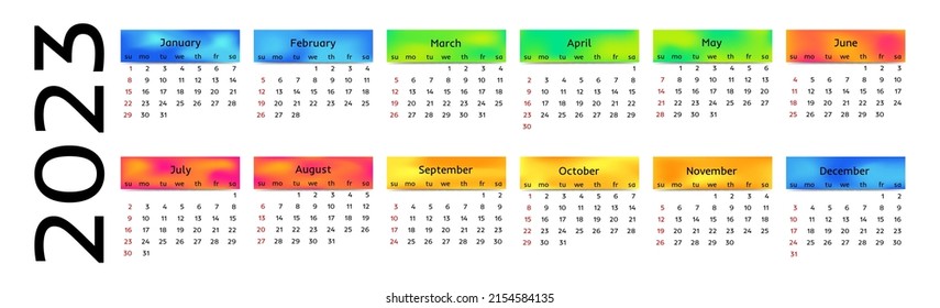 Horizontal calendar for 2023 isolated on a white background. Sunday to Monday, business template. Vector illustration
