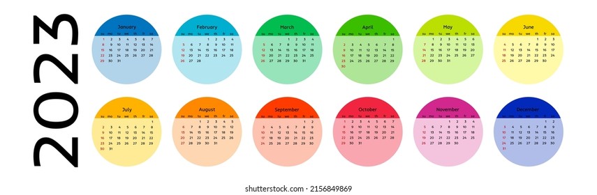 Horizontal calendar for 2023 isolated on a white background. Sunday to Monday, business template. Vector illustration