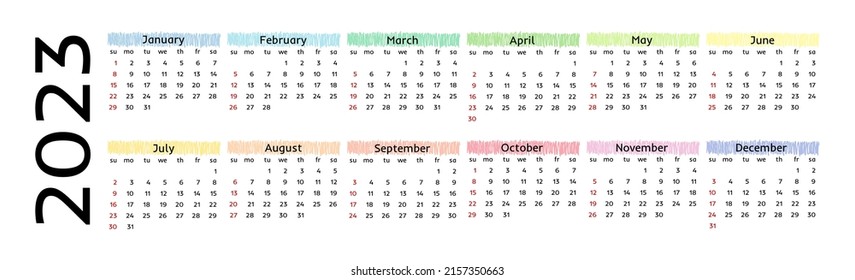Horizontal calendar for 2023 isolated on a white background. Sunday to Monday, business template. Vector illustration