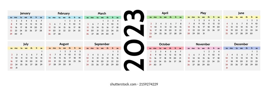 Horizontal calendar for 2023 isolated on a white background. Sunday to Monday, business template. Vector illustration