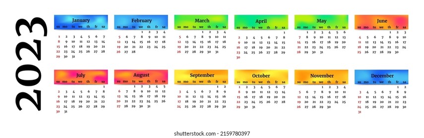 Horizontal calendar for 2023 isolated on a white background. Sunday to Monday, business template. Vector illustration