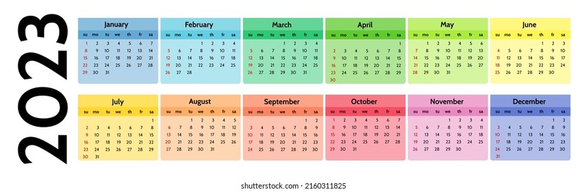 Horizontal calendar for 2023 isolated on a white background. Sunday to Monday, business template. Vector illustration