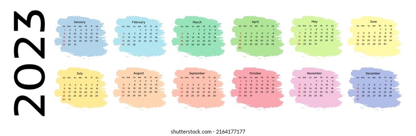 Horizontal calendar for 2023 isolated on a white background. Sunday to Monday, business template. Vector illustration