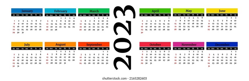 Horizontal calendar for 2023 isolated on a white background. Sunday to Monday, business template. Vector illustration