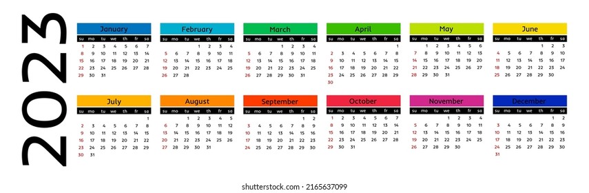 Horizontal calendar for 2023 isolated on a white background. Sunday to Monday, business template. Vector illustration