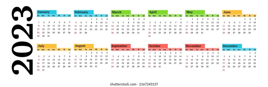 Horizontaler Kalender für 2023 einzeln auf weißem Hintergrund. Von Sonntag bis Montag, Geschäftsvorlage. Vektorgrafik