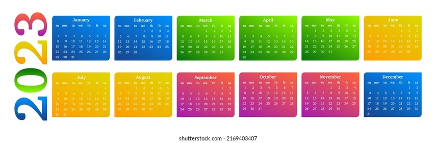Horizontal calendar for 2023 isolated on a white background. Sunday to Monday, business template. Vector illustration