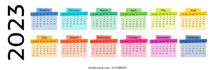 Horizontal calendar for 2023 isolated on a white background. Sunday to Monday, business template. Vector illustration