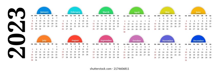 Horizontaler Kalender für 2023 einzeln auf weißem Hintergrund. Von Sonntag bis Montag, Geschäftsvorlage. Vektorgrafik