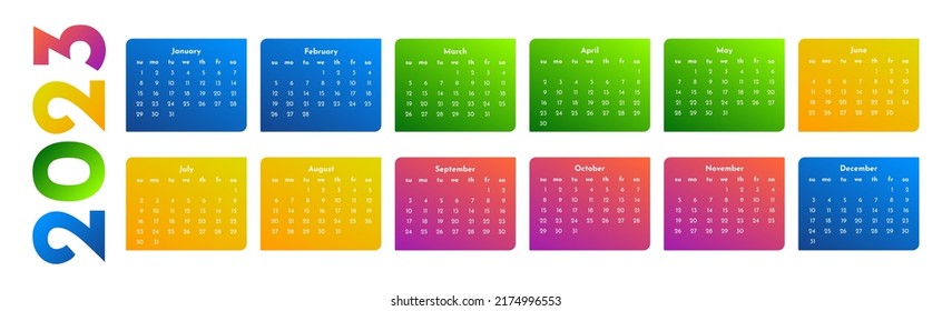 Horizontaler Kalender für 2023 einzeln auf weißem Hintergrund. Von Sonntag bis Montag, Geschäftsvorlage. Vektorgrafik