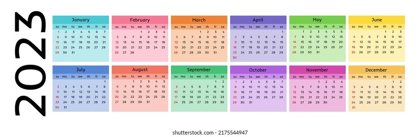 Horizontal calendar for 2023 isolated on a white background. Sunday to Monday, business template. Vector illustration