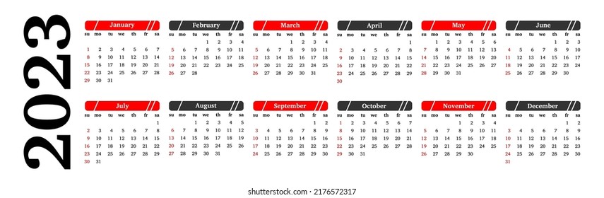 Calendario horizontal para 2023 aislado en un fondo blanco. De domingo a lunes, plantilla de negocios. Ilustración del vector
