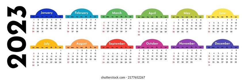 Horizontal calendar for 2023 isolated on a white background. Sunday to Monday, business template. Vector illustration