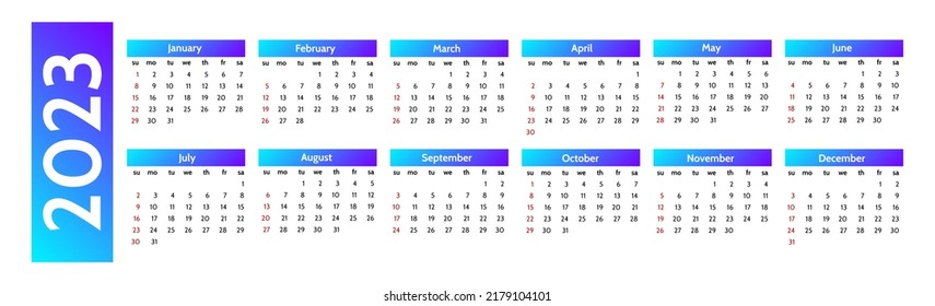 Horizontal calendar for 2023 isolated on a white background. Sunday to Monday, business template. Vector illustration
