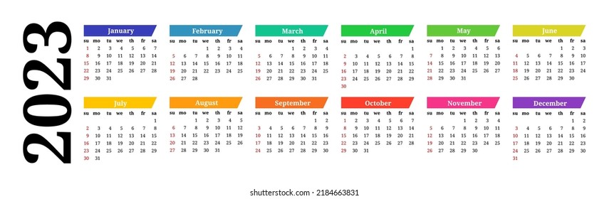 Horizontal calendar for 2023 isolated on a white background. Sunday to Monday, business template. Vector illustration