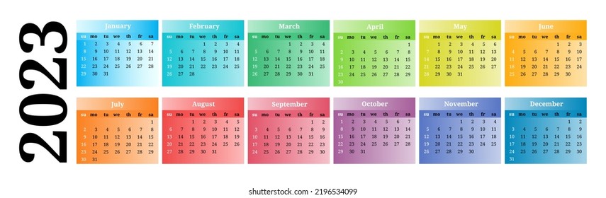 Horizontal calendar for 2023 isolated on a white background. Sunday to Monday, business template. Vector illustration