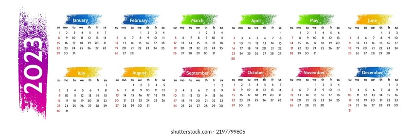 Horizontal calendar for 2023 isolated on a white background. Sunday to Monday, business template. Vector illustration