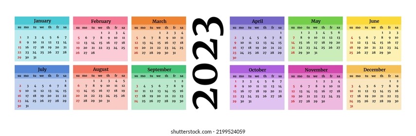Horizontal calendar for 2023 isolated on a white background. Sunday to Monday, business template. Vector illustration
