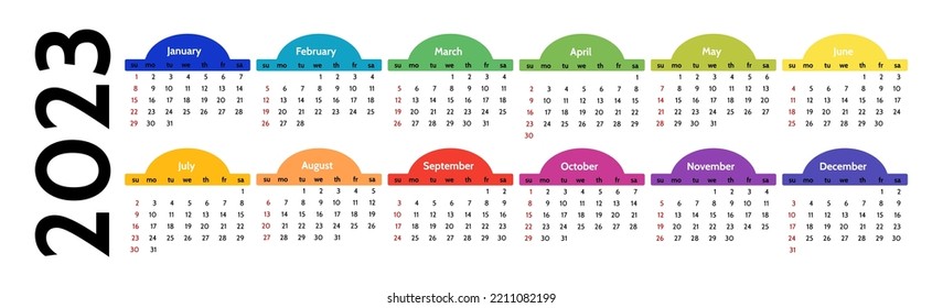 Horizontal calendar for 2023 isolated on a white background. Sunday to Monday, business template. Vector illustration