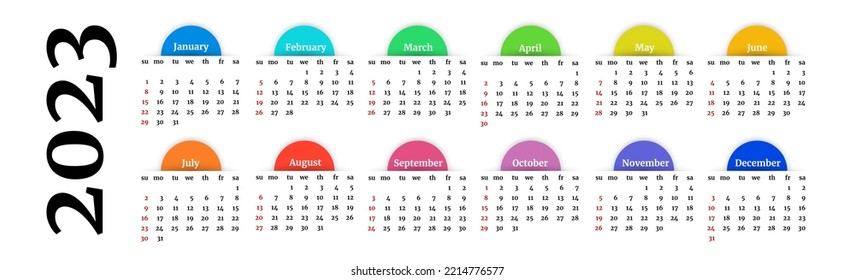 Horizontal calendar for 2023 isolated on a white background. Sunday to Monday, business template. Vector illustration