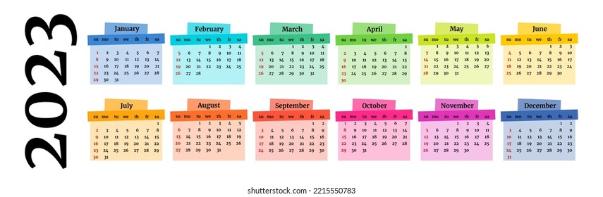 Horizontal calendar for 2023 isolated on a white background. Sunday to Monday, business template. Vector illustration