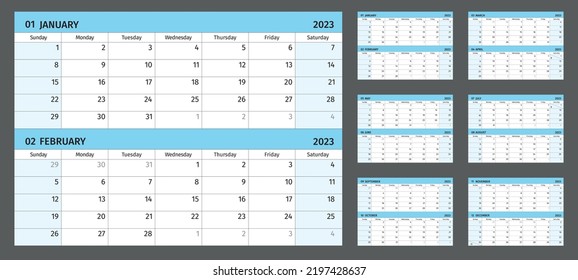 Horizontal calendar for 2023 years, 2 months on 1 page. Simple calendar grid isolated on a white background, Sunday to Monday, business template, ready for print. Vector illustration.