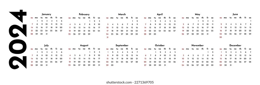 Horizontal calendar for 2024 isolated on a white background. Sunday to Monday, business template. Vector illustration