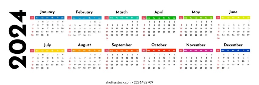 Horizontal calendar for 2024 isolated on a white background. Sunday to Monday, business template. Vector illustration