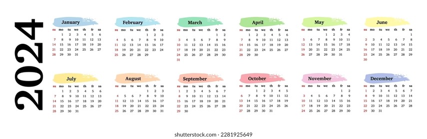 Horizontaler Kalender für 2024 einzeln auf weißem Hintergrund. Von Sonntag bis Montag, Geschäftsvorlage. Vektorgrafik