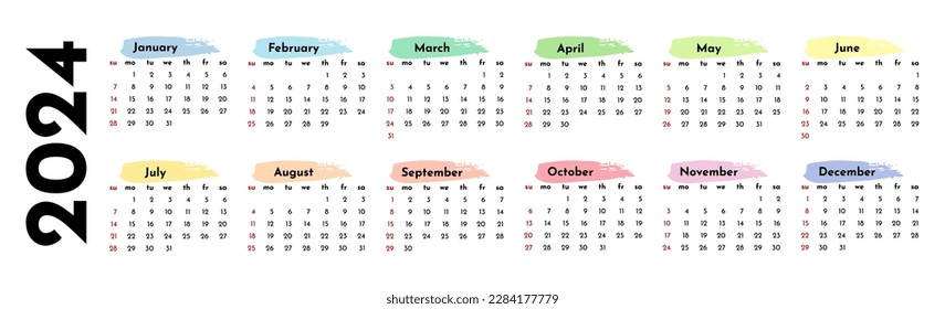 Horizontaler Kalender für 2024 einzeln auf weißem Hintergrund. Von Sonntag bis Montag, Geschäftsvorlage. Vektorgrafik