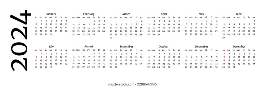 Horizontal calendar for 2024 isolated on a white background. Sunday to Monday, business template. Vector illustration