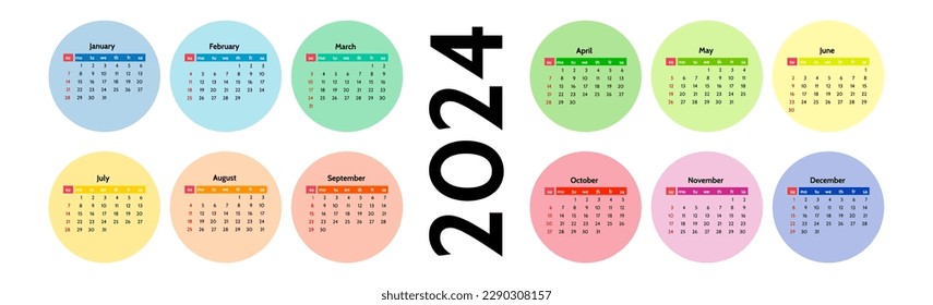 Horizontal calendar for 2024 isolated on a white background. Sunday to Monday, business template. Vector illustration