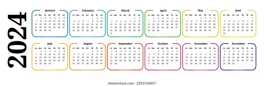 Horizontal calendar for 2024 isolated on a white background. Sunday to Monday, business template. Vector illustration