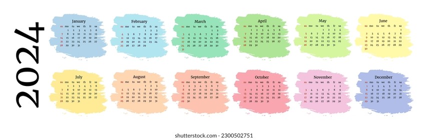 Horizontal calendar for 2024 isolated on a white background. Sunday to Monday, business template. Vector illustration