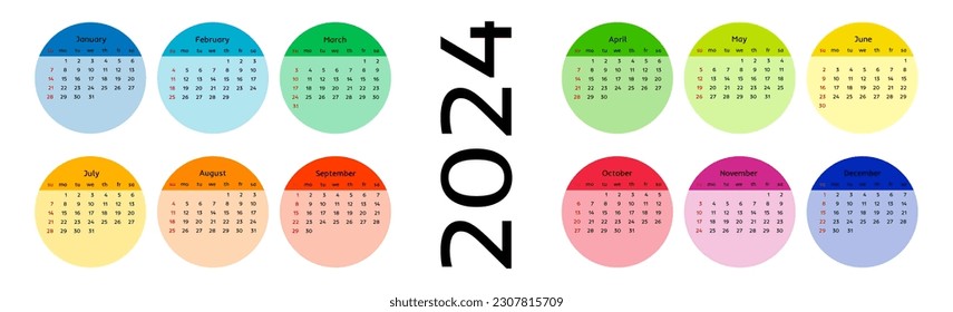 Horizontal calendar for 2024 isolated on a white background. Sunday to Monday, business template. Vector illustration