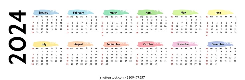 Horizontal calendar for 2024 isolated on a white background. Sunday to Monday, business template. Vector illustration